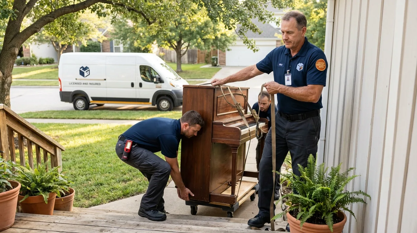 Licensed piano movers securing grand piano in Hampstead, MD
