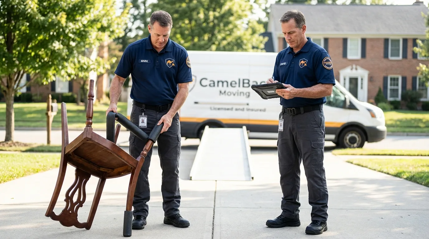 Movers inspecting furniture for damage prevention before loading in Hampstead, MD