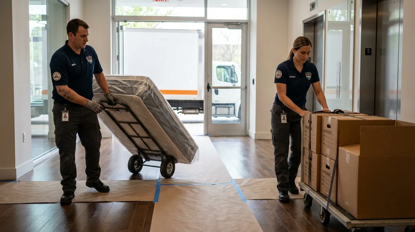 Professional apartment movers loading elevator in Hampstead, MD